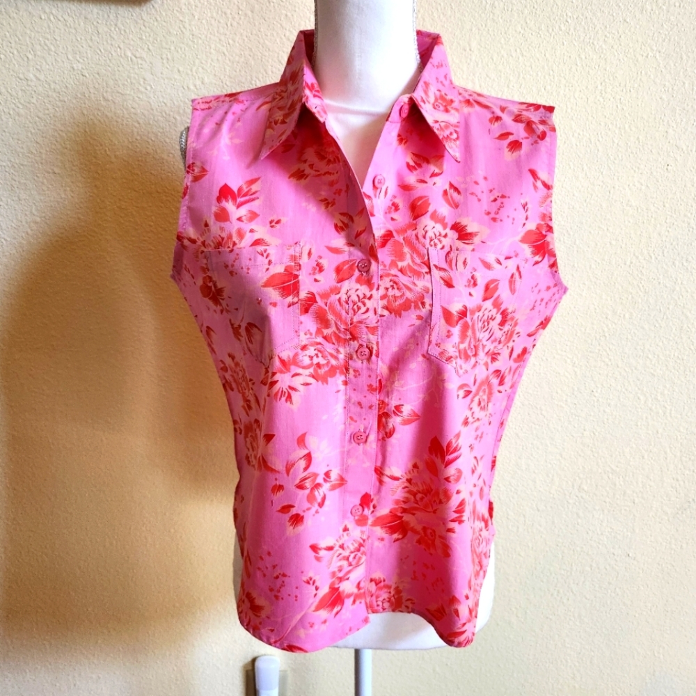 Pink Red Floral Sleeveless Button Down Blouse Top.
